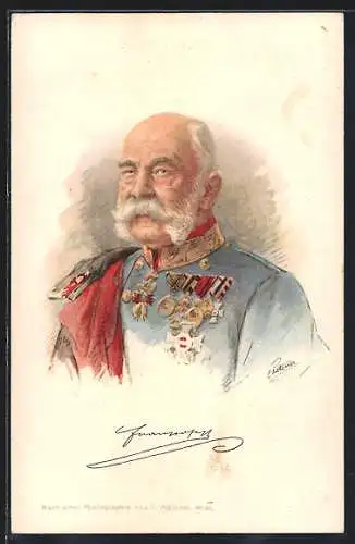 Künstler-AK Kaiser Franz Josef I. von Österreich in Uniform mit Orden, Rotes Kreuz