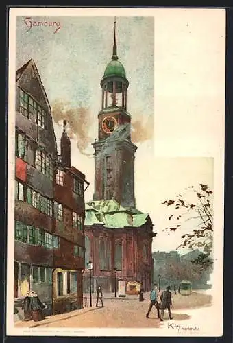 Künstler-Lithographie Heinrich Kley: Hamburg, Strassenbahn vor der Michaelis-Kirche