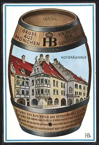 Künstler-AK Hans Boettcher: Bierfass mit Abbildung des Münchner Hofbräuhaus