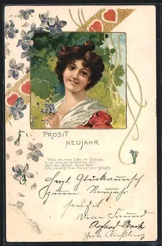 Lithographie Prosit Neujahr, Dunkelhaarige Schönheit und Blüten, Jugendstil