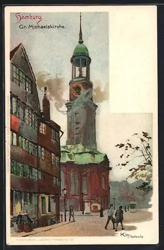 Künstler-Lithographie Heinrich Kley: Hamburg, Strassenbahn vor der Michaelis-Kirche