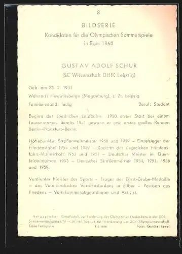 AK Kandidaten der Olymp. Sommerspiele Rom 1960, Gustav Schur, SC Wissenschaft DHfK Leipzig, Siegerpose