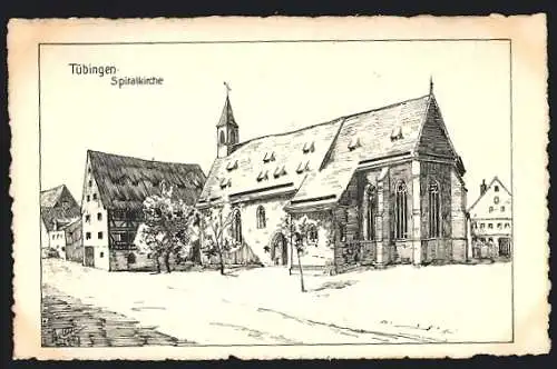 Künstler-AK Tübingen, Strassenpartie an der Spitalkirche