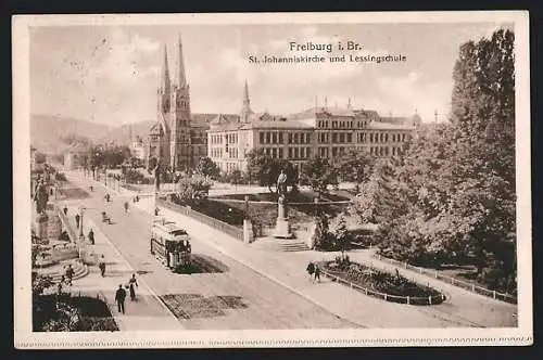 AK Freiburg i. Br., St. Johanniskirche und Lessingschule, Strassenbahn