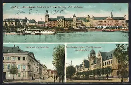 AK Coblenz, Oberpräsidium-Regierung und Hotel Coblenzer Hof Bellevue, Partie unter den Linden