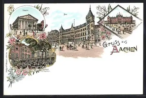 Lithographie Aachen, Hotel Kurhaus mit Veranda, Post mit Pferdekutsche, Justizgebäude mit Passanten