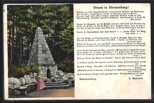 Lied-AK Driem in Fürstenbarg, Lied in Mundart von C. Rambach, Frau vor dem Ehrenmal, mit Hüttenstempel d. Köhlerhauses