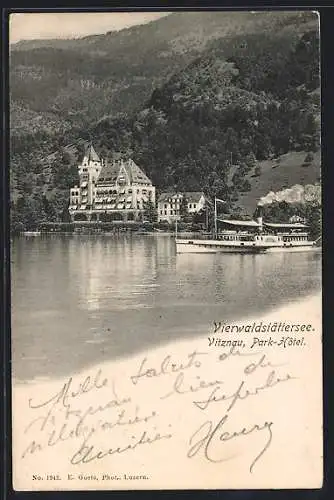 AK Vitznau /Vierwaldstättersee, Park-Hotel mit Dampfer