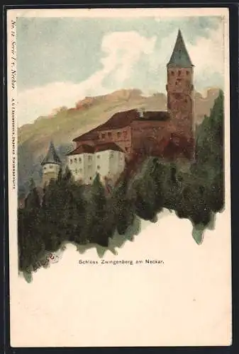 Lithographie Zwingenberg am Neckar, Schloss Zwingenberg