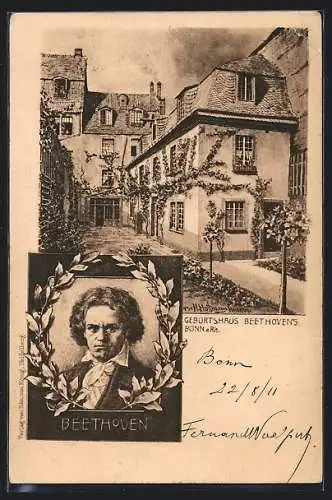 Künstler-AK Bonn a. Rh., Portrait und Geburtshaus Beethovens