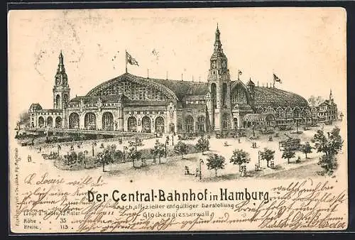 Lithographie Hamburg-St.Georg, Der Central-Bahnhof, Glockengiesserwall