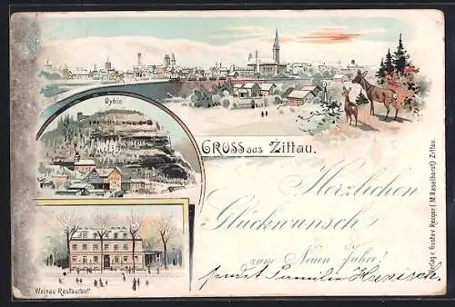 Lithographie Zittau, Oybin, Weinau Restaurant und Ansicht im Schnee