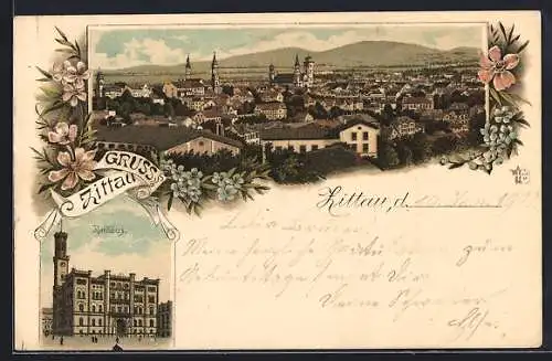 Lithographie Zittau, Rathaus und Ortspanorama