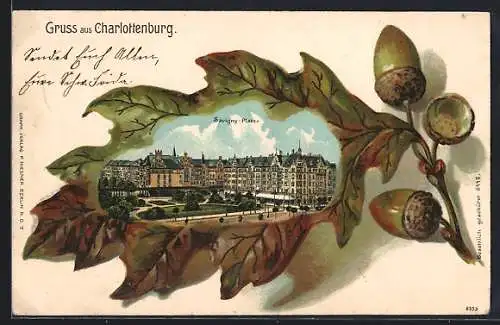 Passepartout-Lithographie Berlin-Charlottenburg, Savigny-Platz im Eichenblatt-Rahmen