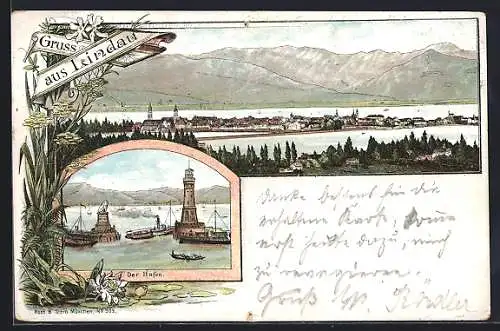 Lithographie Lindau / Bodensee, Blick über die Stadt, Leuchtturm an der Hafeneinfahrt