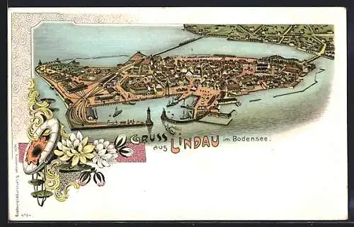 Lithographie Lindau im Bodensee, Ansicht aus der Vogelschau