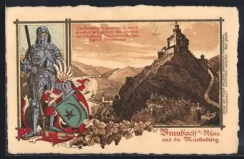 Lithographie Braubach a. Rhein, Blick zur Marksburg, Ritter mit Rüstung und Schild, Wappen