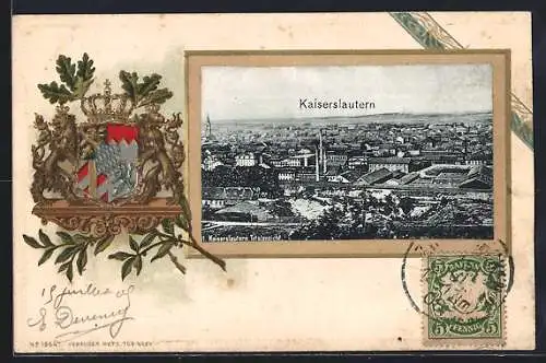 Passepartout-Lithographie Kaiserslautern, Ansicht aus der Vogelschau und Prägerahmen mit Wappen