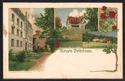 Lithographie Neuen-Dettelsau, Diakonissen-Mutterhaus, Erholungshaus und Jakobsruhe