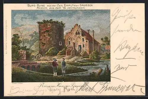 Lithographie Dreieich, Ruine im Hain im 16. Jahrhundert