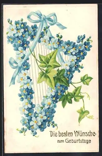 Künstler-AK Blumenharfe mit Efeu, Geburtstagsgruss