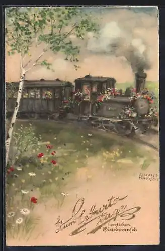 Künstler-AK Hannes Petersen: Blumengeschmückte Eisenbahn, Geburtstagsgruss