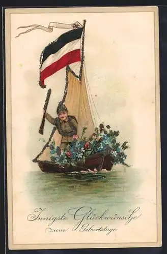 Künstler-AK Kleiner Soldat im Blumenboot mit deutscher Flagge, Geburtstagsgruss