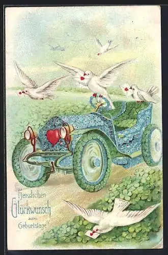 Künstler-AK Briefschwalben und Blumenauto, Glücksklee, Herz, Geburtstagsgruss