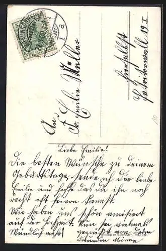 Künstler-AK Briefschwalben und Blumenauto, Glücksklee, Herz, Geburtstagsgruss