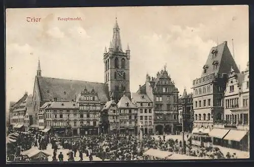 AK Trier, Hauptmarkt mit Geschäften und Rathaus