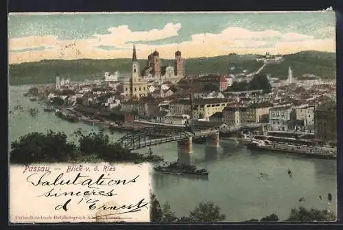 AK Passau, Blick v. d. Ries mit Kirche