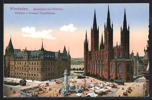 AK Wiesbaden, Marktplatz mit Rathaus, evangelischer Hauptkirche und Brunnen