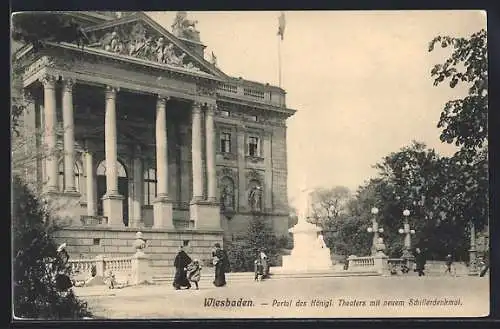 AK Wiesbaden, Portal des Königlichen Theaters mit neuem Schifferdenkmal