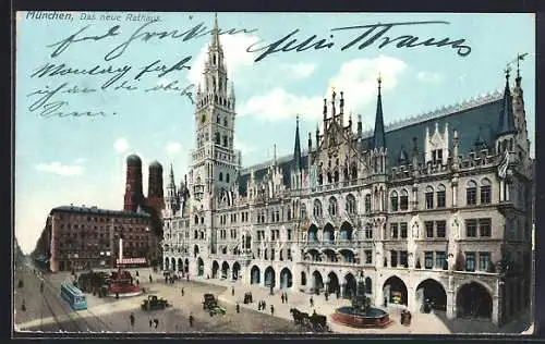 AK München-Au, Neues Rathaus mit Frauenkirche und Strassenbahn