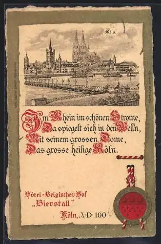 Lithographie Köln, Blick auf Rheinbrücke und Dom