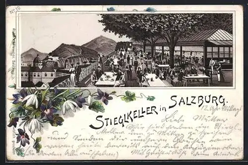 Vorläufer-Lithographie Salzburg, 1894, Gasthaus Stieglkeller mit Besuchern, Schneeglöckchen-Passepartout