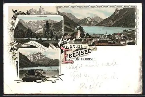 Vorläufer-Lithographie Ebensee am Traunsee, 1895, Langbathsee, Ortsansicht mit See und Bergen