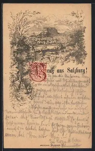 Vorläufer-Lithographie Salzburg, 1887, Stadtansicht mit Blick zur Festung Hohensalzburg