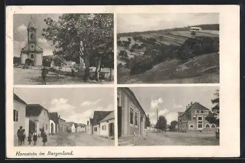 AK Hornstein im Burgenland, Denkmal vor der Kirche, Strassenpartie mit Kindern, Blick auf die Umgebung