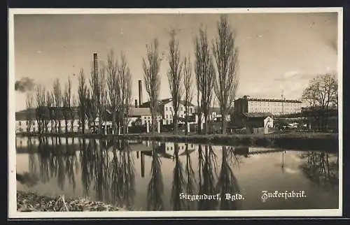 AK Siegendorf /Bgld., Zuckerfabrik mit Flusspartie