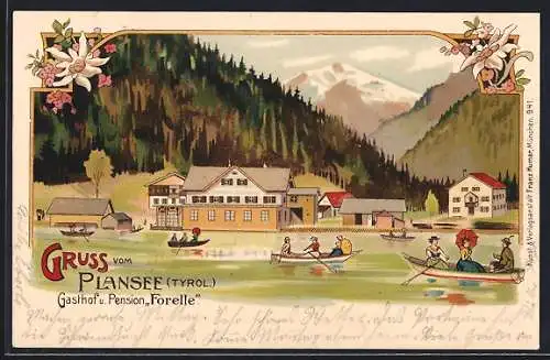 Lithographie Plansee, Gasthof und Pension Forelle, Ruderboote