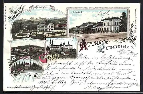 Lithographie Attnang-Puchheim, Bahnhof, Bahnhof-Hotels, Ortsansicht Attnang