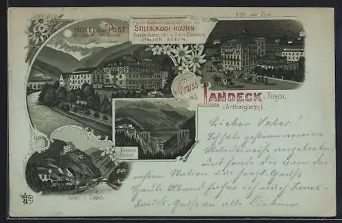 Mondschein-Lithographie Landeck i. Tirol, Hotel zur Post v. Jos. Müller, Partie an der Arlbergbahn