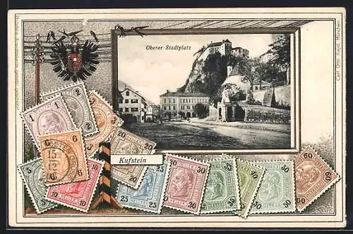 Präge-AK Kufstein, Oberer Stadtplatz und Rahmen mit Briefmarken und Wappen