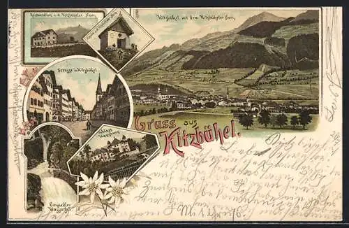 Lithographie Kitzbühel, Strassenpartie, Schloss Kapsburg und Gasthaus auf dem Kitzbüheler Horn