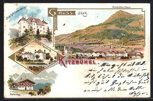 Lithographie Kitzbühel, Schloss Lebenberg, Hohenegg, Schloss Kapsburg, Ortsansicht mit Kitzbühler Horn