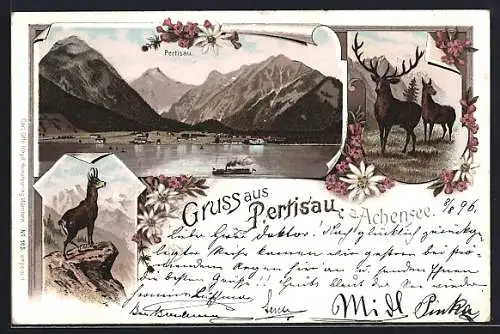 Lithographie Pertisau, Ortsansicht, Hirsch, Geisbock