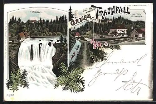 Lithographie Roitham, Traunfall, Gasthaus am Traunfall, Kanal