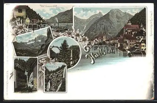 Lithographie Hallstatt, Hotel Seeauer, Gosauzwang und Gosauer mit Dachstein