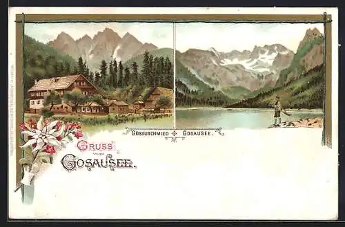 Lithographie Gosau, Gasthaus Gosauschmied, See mit Dachstein